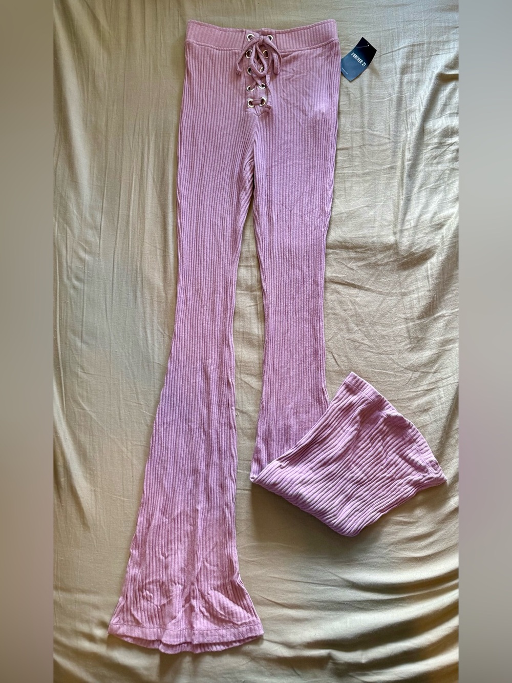Forever 21 Dusty Pink Ribbed Lace-Up Waist Pants